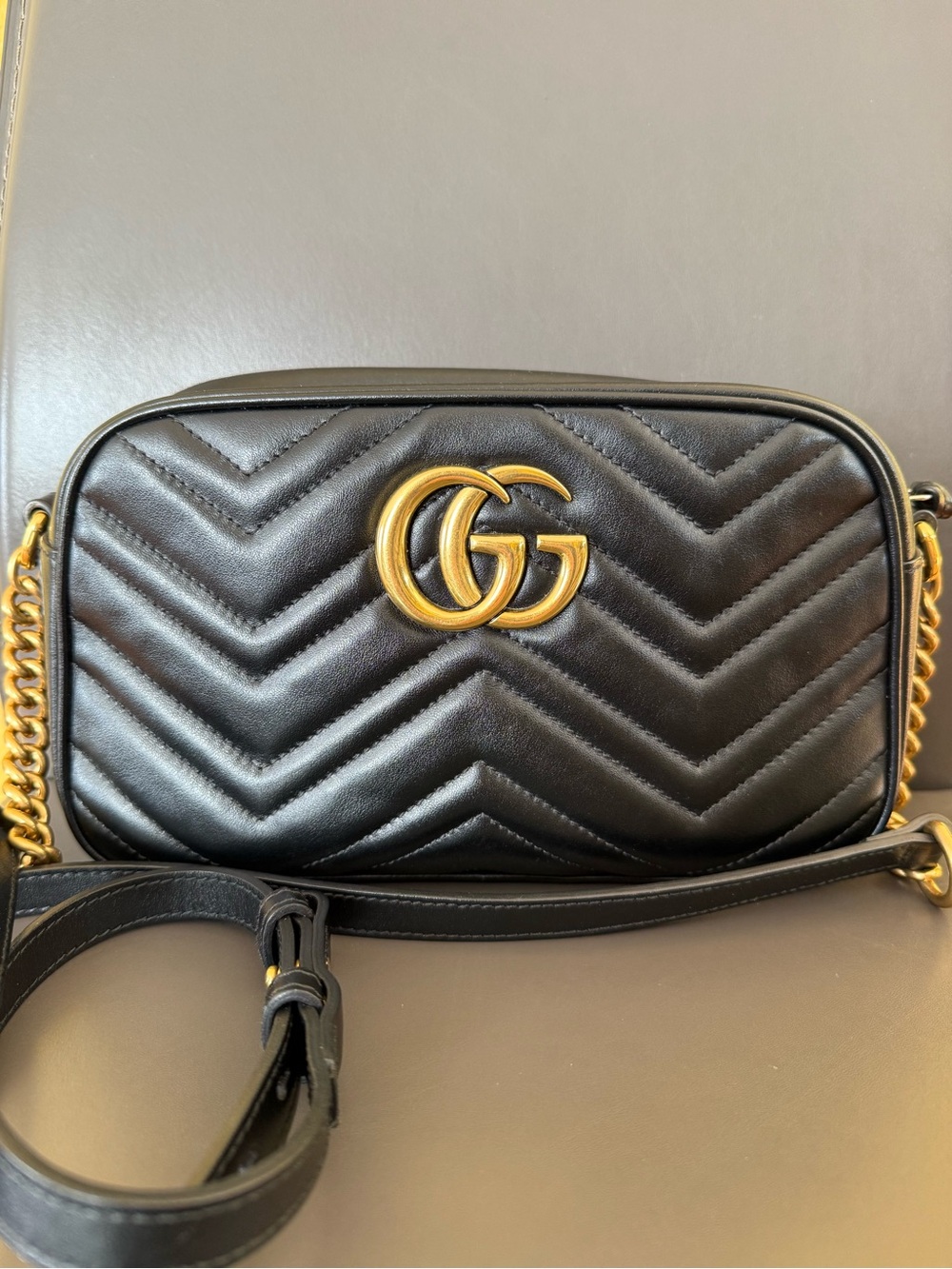 Gucci Black Chevron GG Marmont Crossbody with Gold Hardware